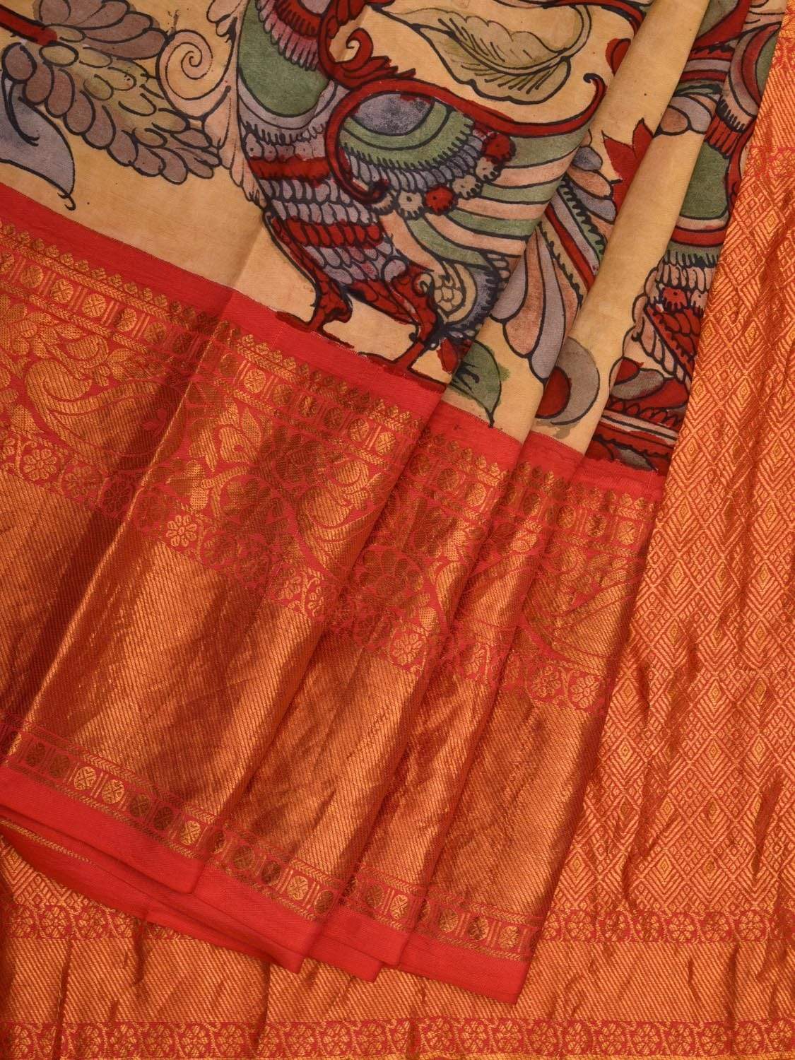Light Yellow Kalamkari Hand Painted Kanchipuram Silk Handloom Saree with Floral and Peacocks Design KL0573