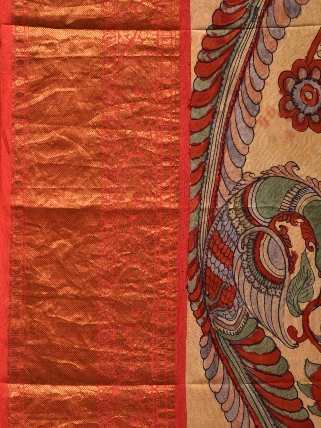 Light Yellow Kalamkari Hand Painted Kanchipuram Silk Handloom Saree with Floral and Peacocks Design KL0573