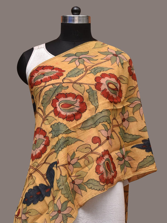 Light Yellow Kalamkari Hand Painted Sico Stole with Floral and Peacocks Design ds3514