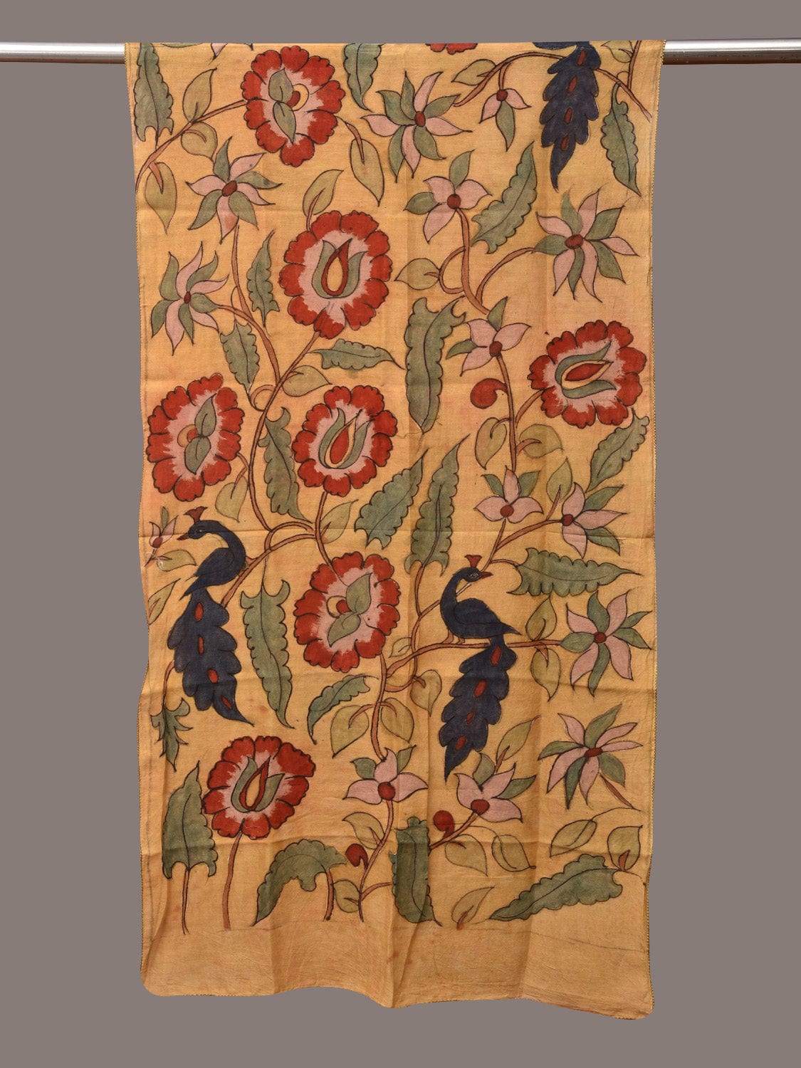 Light Yellow Kalamkari Hand Painted Sico Stole with Floral and Peacocks Design ds3514