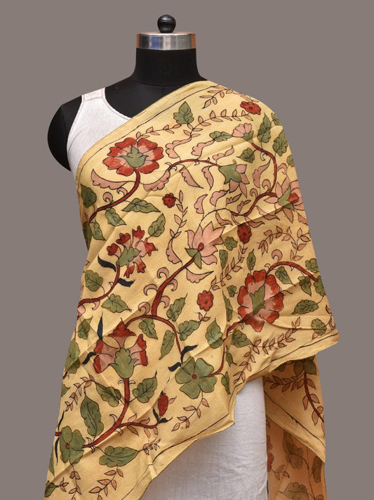 Light Yellow Kalamkari Hand Painted Sico Stole with Floral Design ds3517