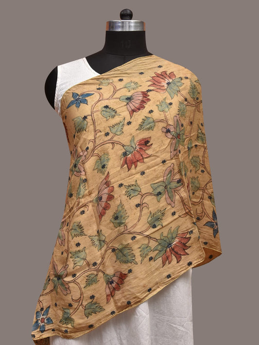Light Yellow Kalamkari Hand Painted Sico Stole with Lotus and Crane Design ds3587