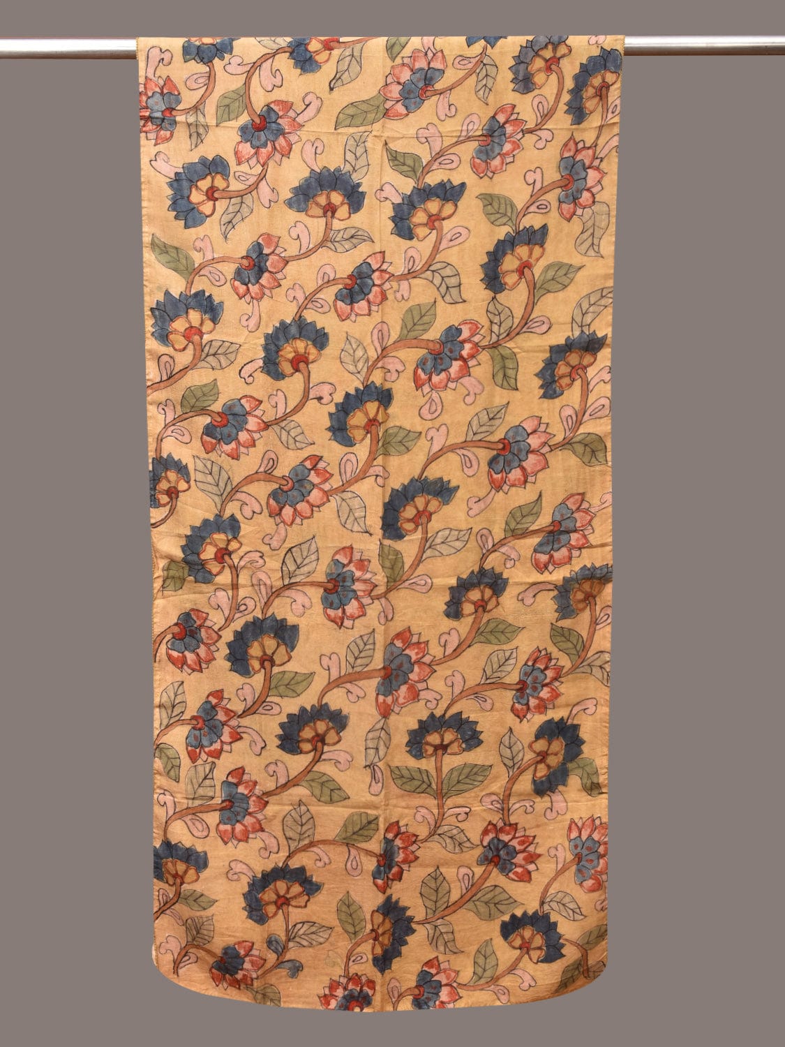 Light Yellow Kalamkari Hand Painted Sico Stole with Lotus Flowers Design ds3412