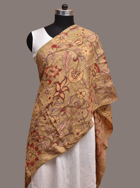 Light Yellow Kalamkari Hand Painted Tussar Handloom Stole with Floral Design ds3612