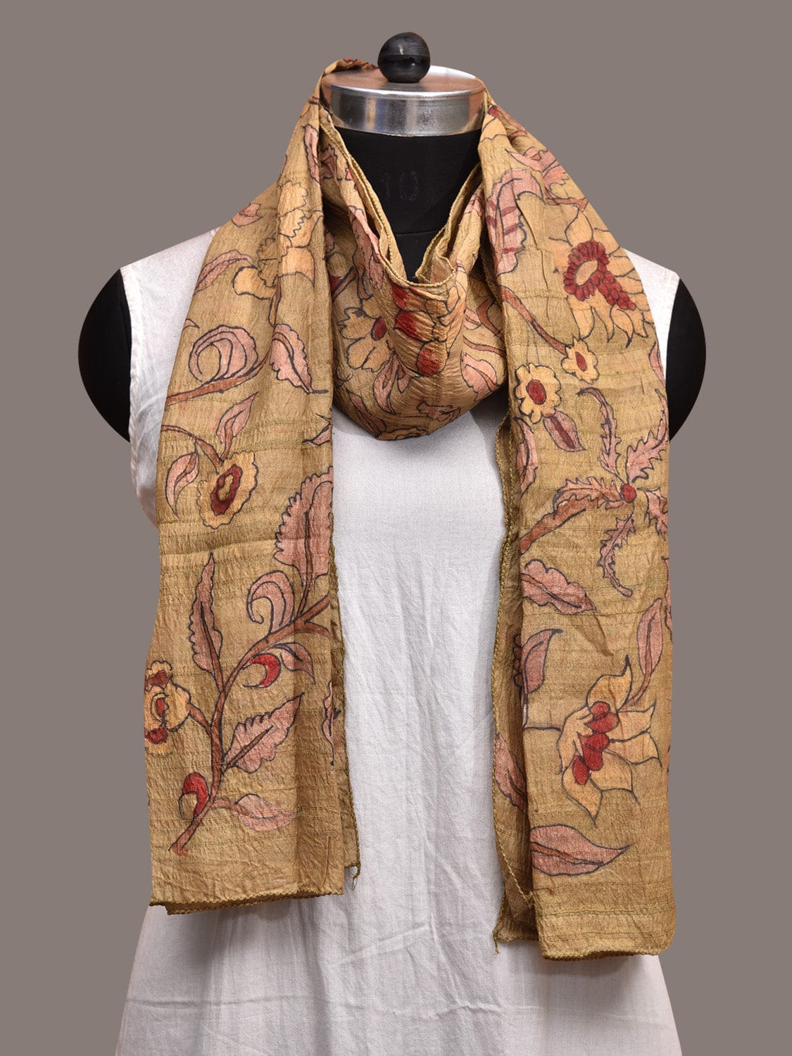 Light Yellow Kalamkari Hand Painted Tussar Handloom Stole with Floral Design ds3612