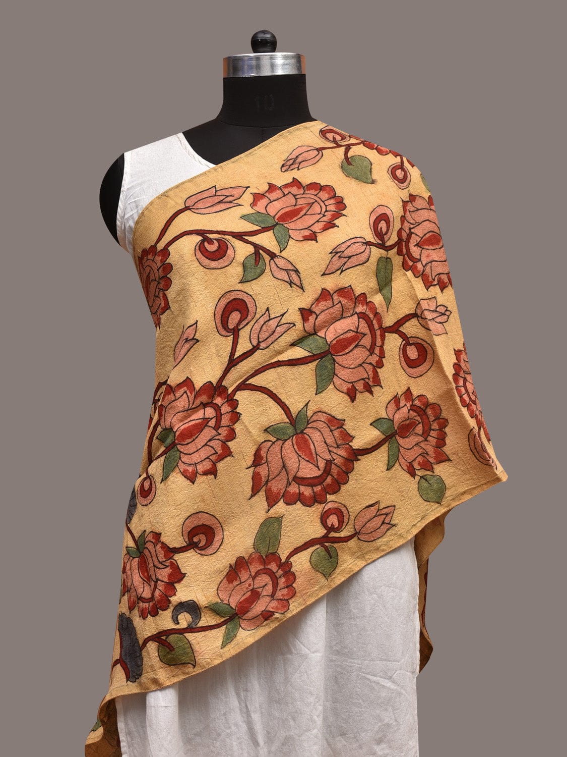 Light Yellow Kalamkari Hand Painted Tussar Stole with Lotus Flowers Design ds3585