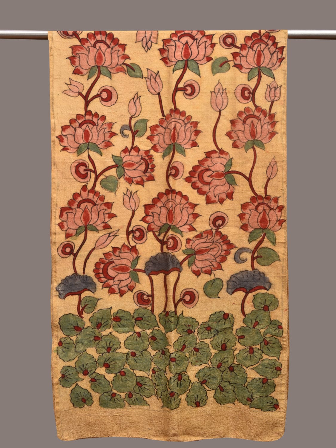 Light Yellow Kalamkari Hand Painted Tussar Stole with Lotus Flowers Design ds3585