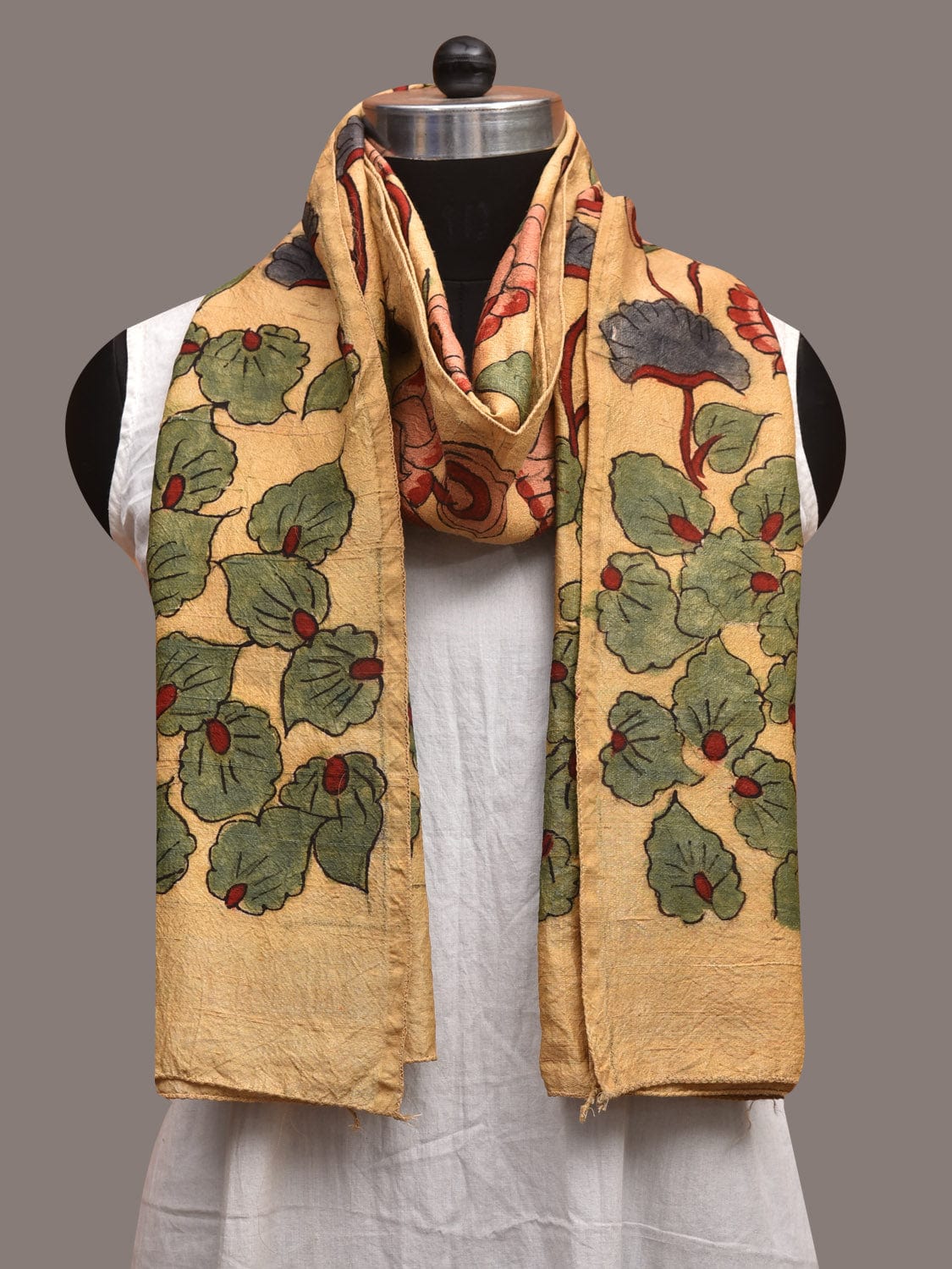 Light Yellow Kalamkari Hand Painted Tussar Stole with Lotus Flowers Design ds3585