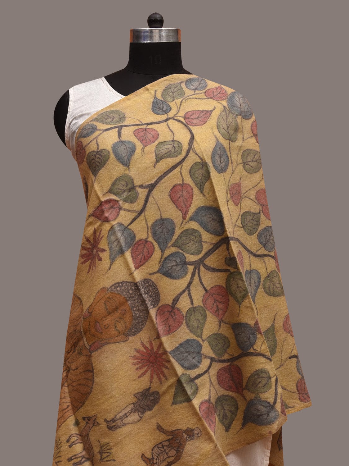 Light Yellow Kalamkari Hand Painted Woolen Handloom Dupatta with Buddha Design ds3595