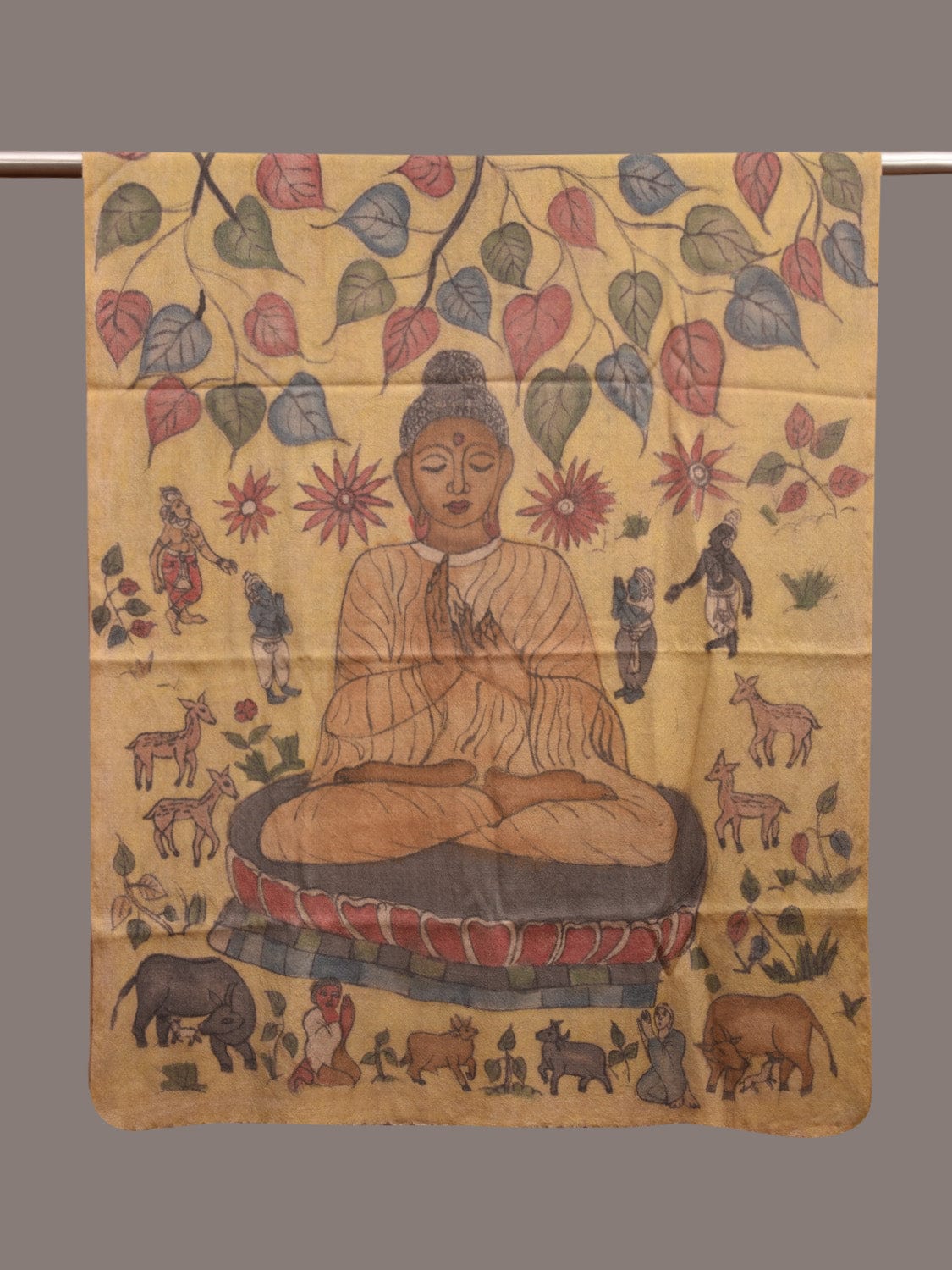 Light Yellow Kalamkari Hand Painted Woolen Handloom Dupatta with Buddha Design ds3595