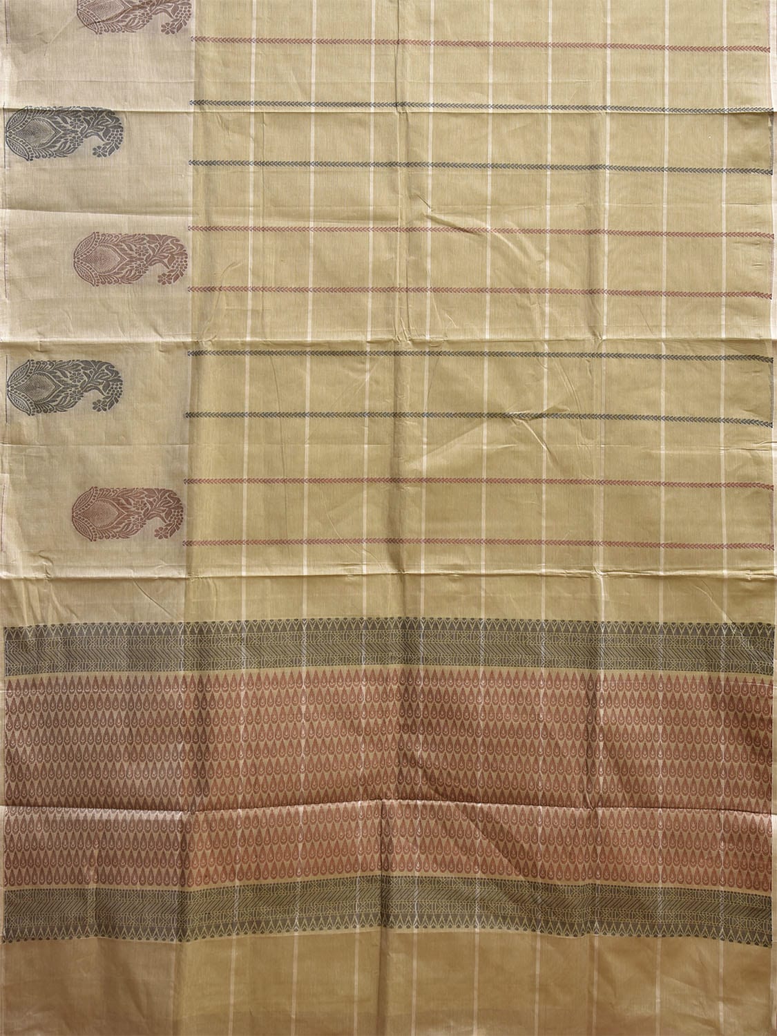Light Yellow Kanchipuram Cotton Saree with Big Checks and Mango Border Design k0840