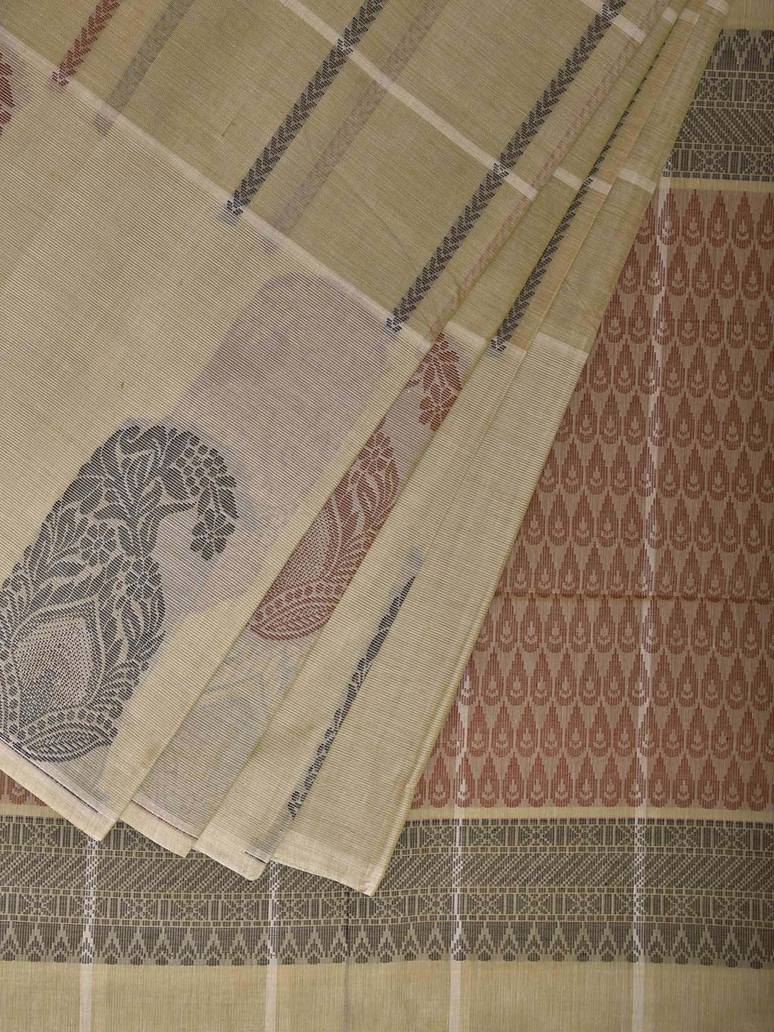 Light Yellow Kanchipuram Cotton Saree with Big Checks and Mango Border Design k0840