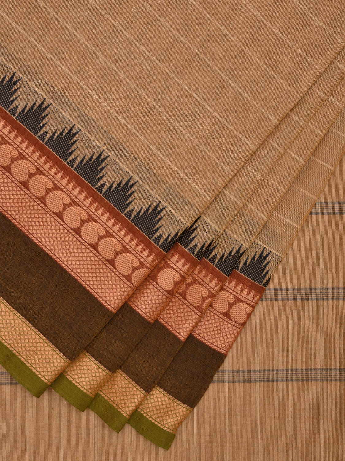 Light Yellow Kanchipuram Cotton Saree with Strips and Temple Border Design k0728