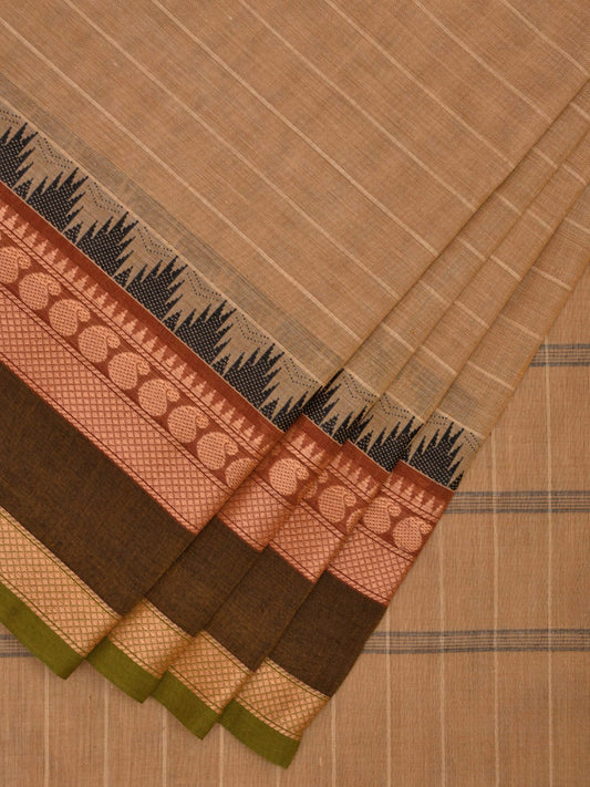 Light Yellow Kanchipuram Cotton Saree with Strips and Temple Border Design k0728