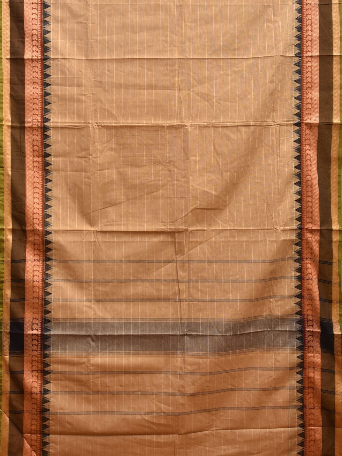 Light Yellow Kanchipuram Cotton Saree with Strips and Temple Border Design k0728