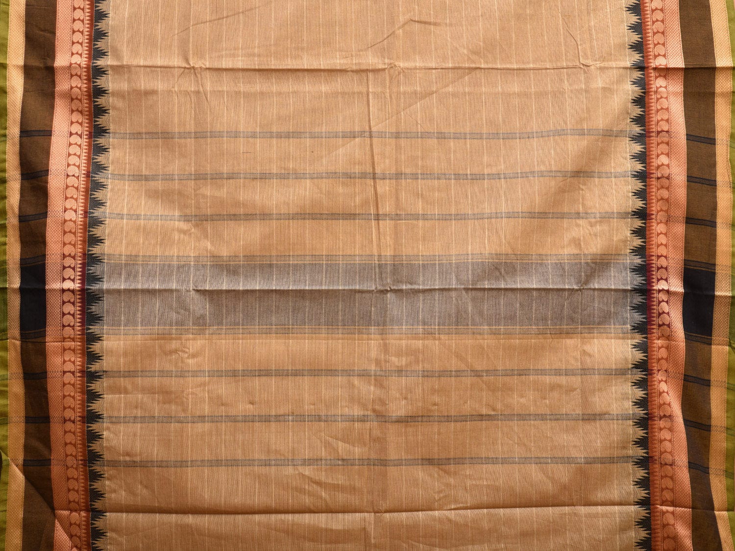 Light Yellow Kanchipuram Cotton Saree with Strips and Temple Border Design k0728