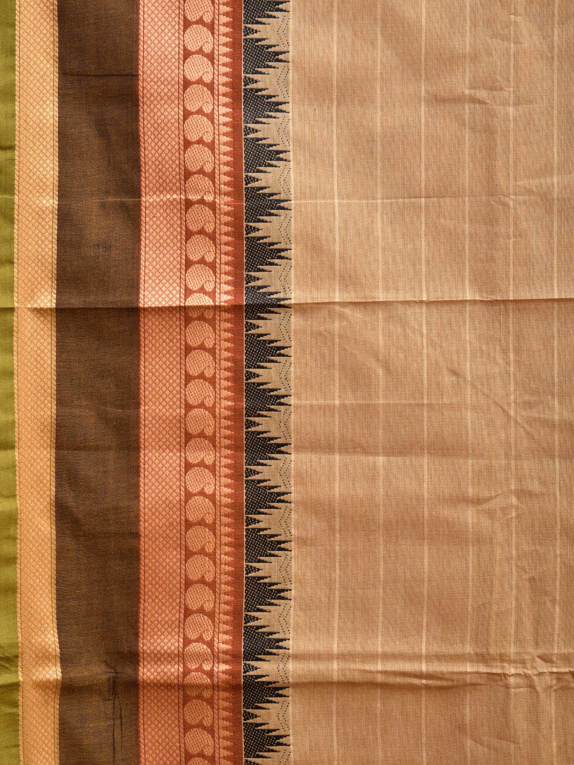 Light Yellow Kanchipuram Cotton Saree with Strips and Temple Border Design k0728