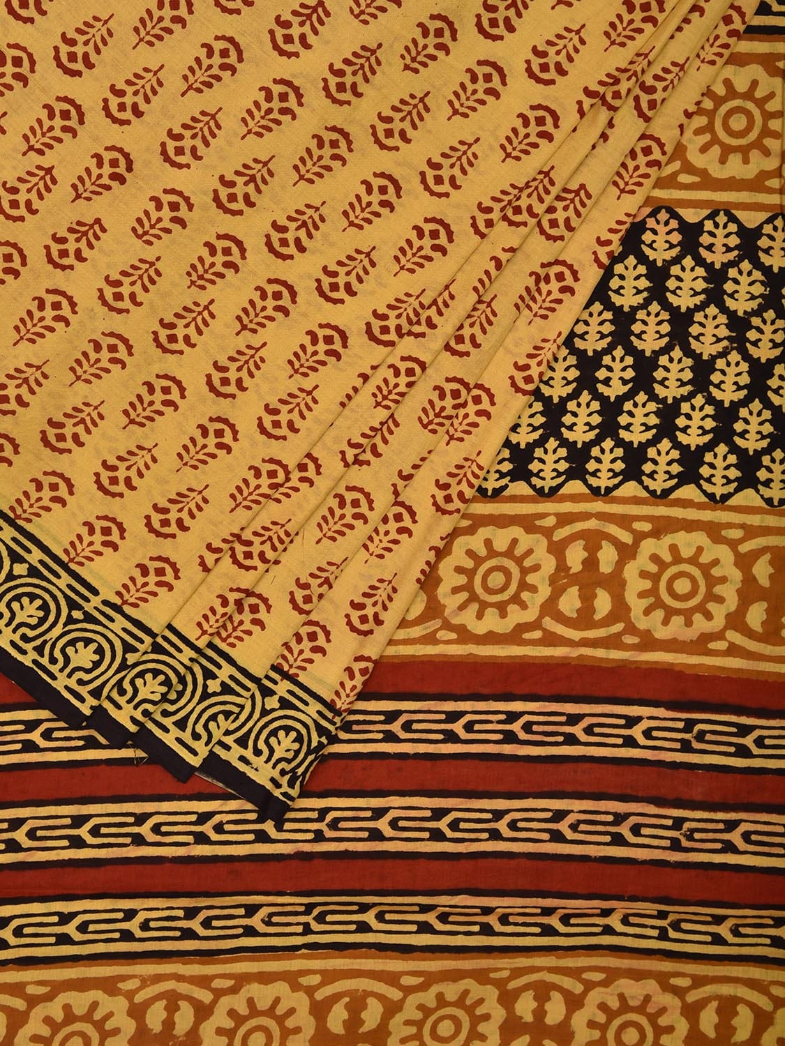 Light Yellow Pedana Block Print Cotton Saree with Buta, Border and Pallu Design o0535