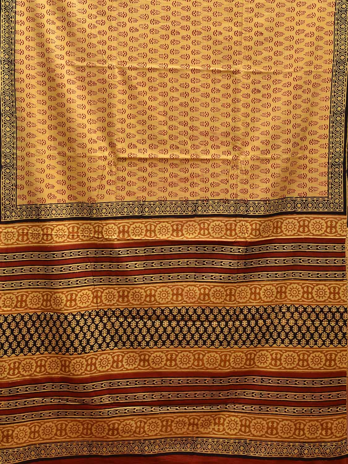 Light Yellow Pedana Block Print Cotton Saree with Buta, Border and Pallu Design o0535