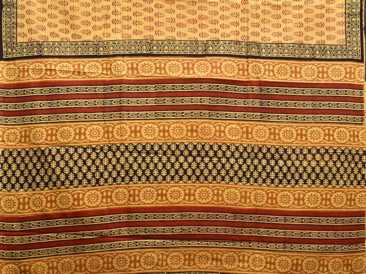 Light Yellow Pedana Block Print Cotton Saree with Buta, Border and Pallu Design o0535