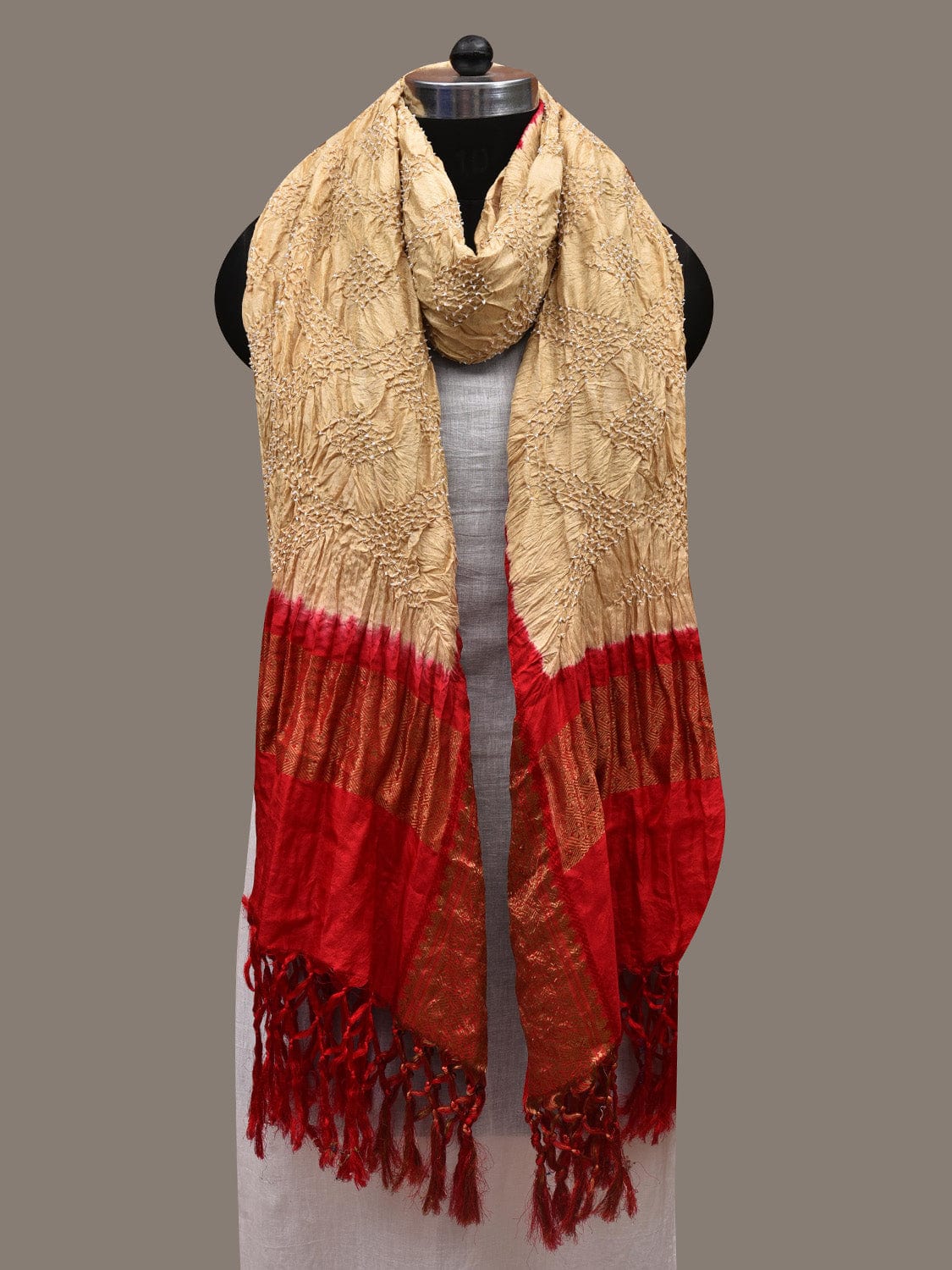 Light Yellow Pink and Red Bandhani Kanchipuram Silk Handloom Dupatta with Border Design ds2832