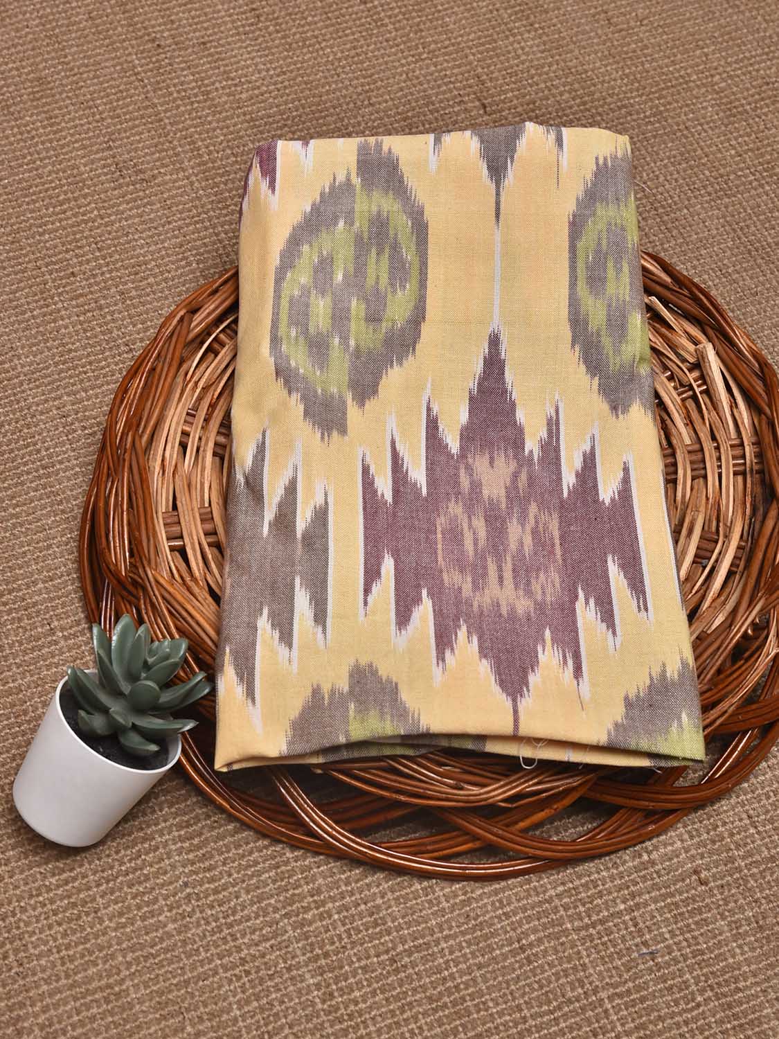 Light Yellow Pochampally Ikat Cotton Handloom Blouse with Strips Design Length 1mt Width 44 Inches BL0164