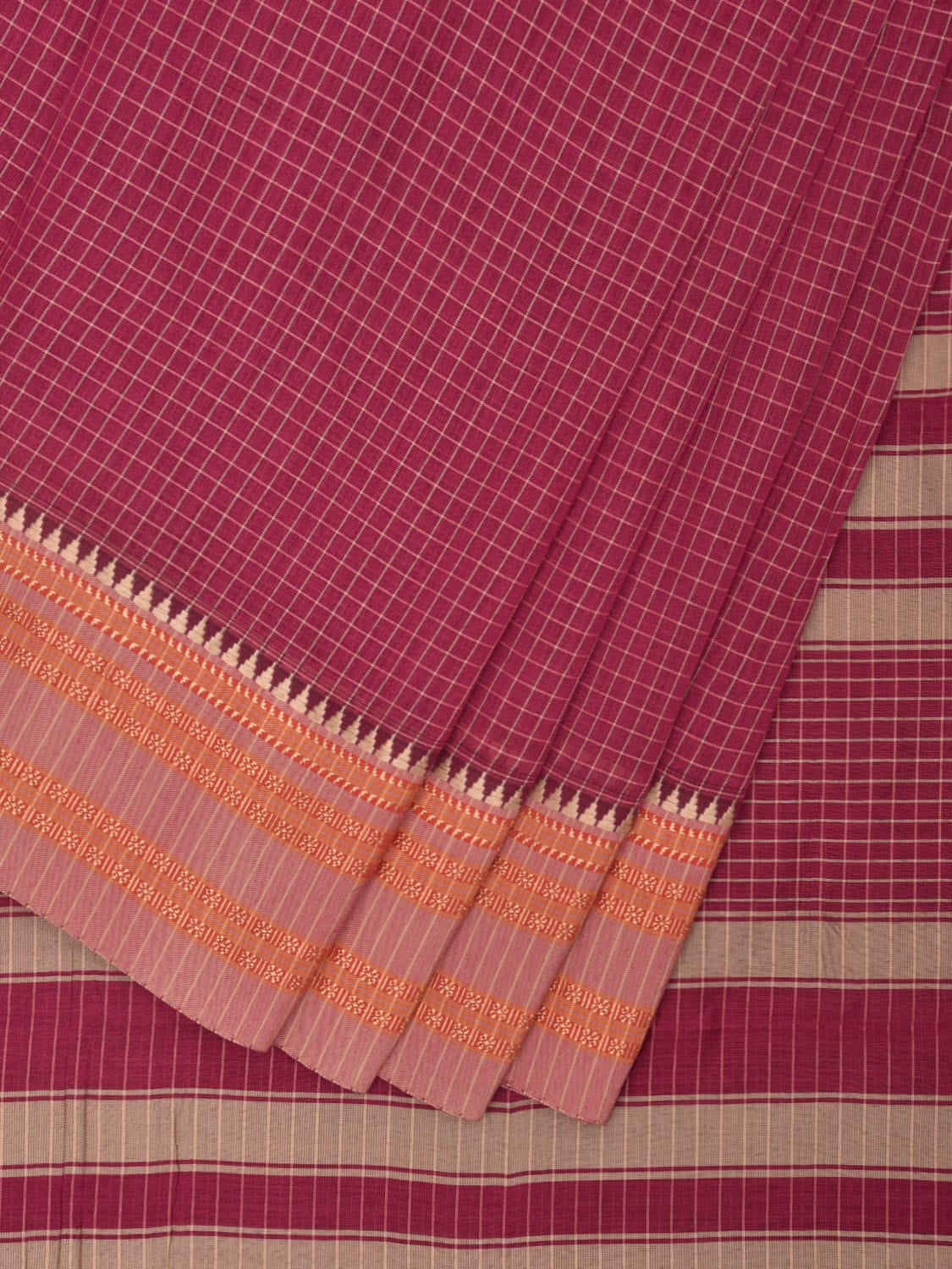 Magenta and Cream Bamboo Cotton Saree with Checks Design No Blouse bc0334