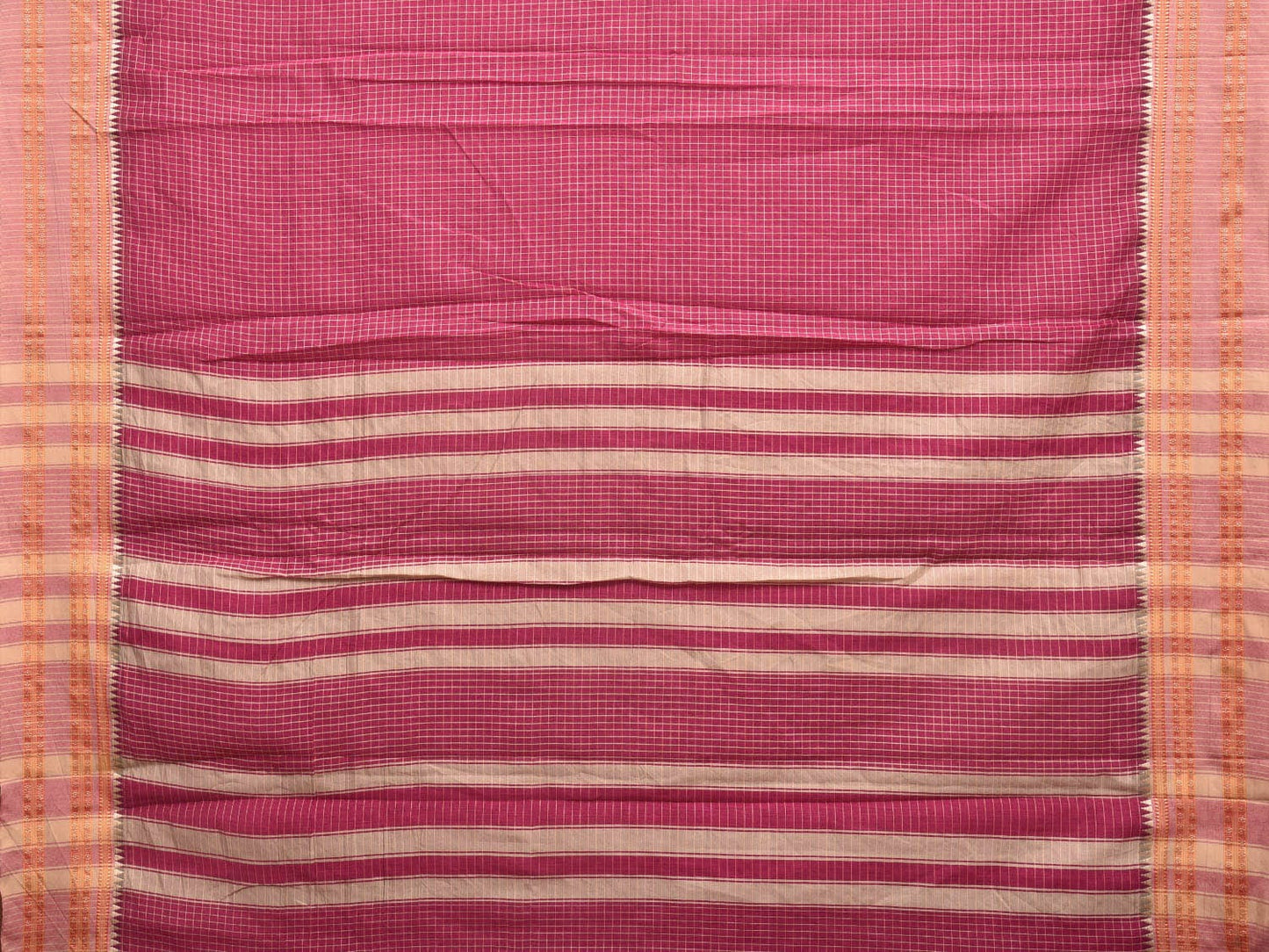Magenta and Cream Bamboo Cotton Saree with Checks Design No Blouse bc0334