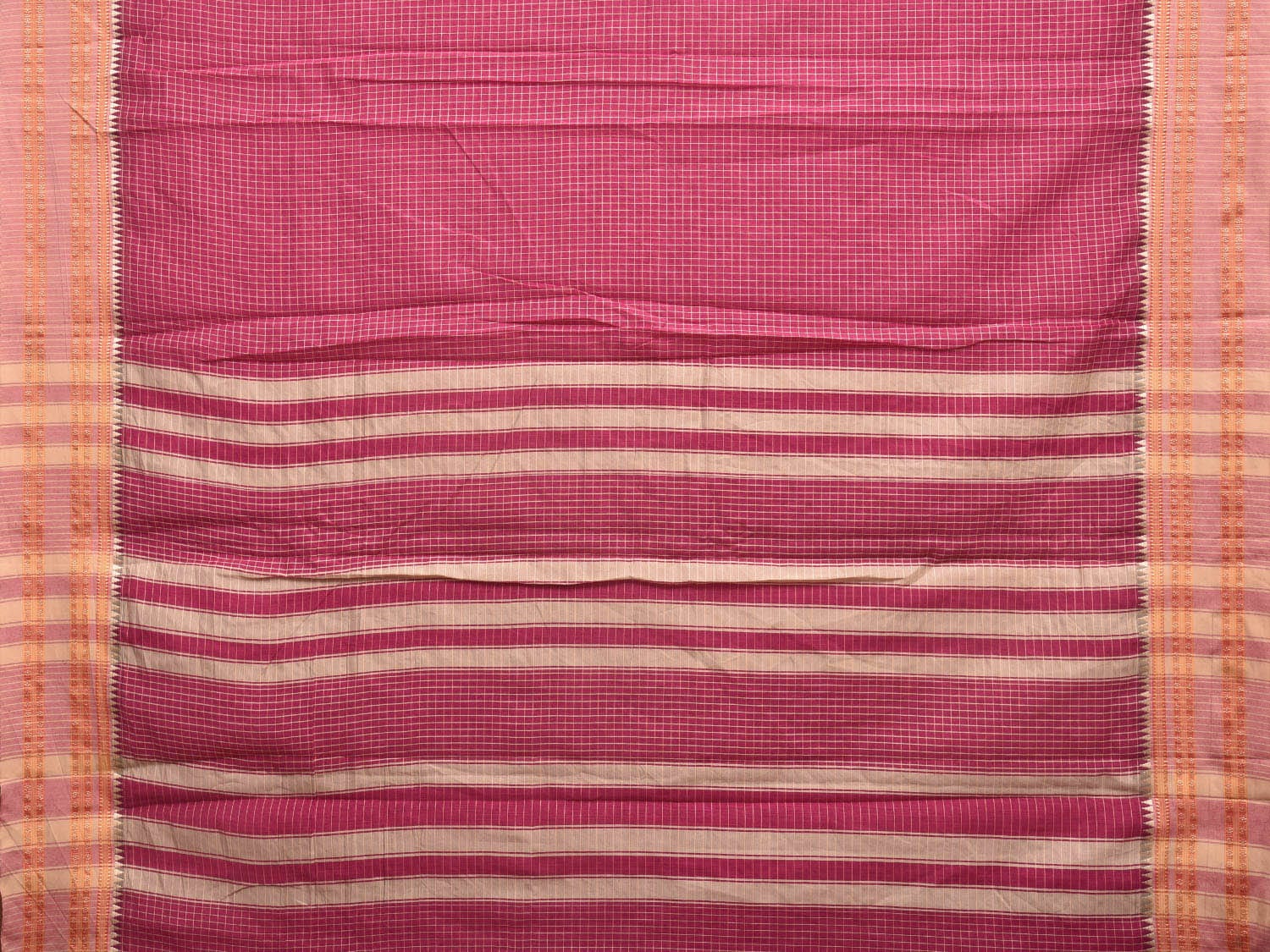 Magenta and Cream Bamboo Cotton Saree with Checks Design No Blouse bc0334