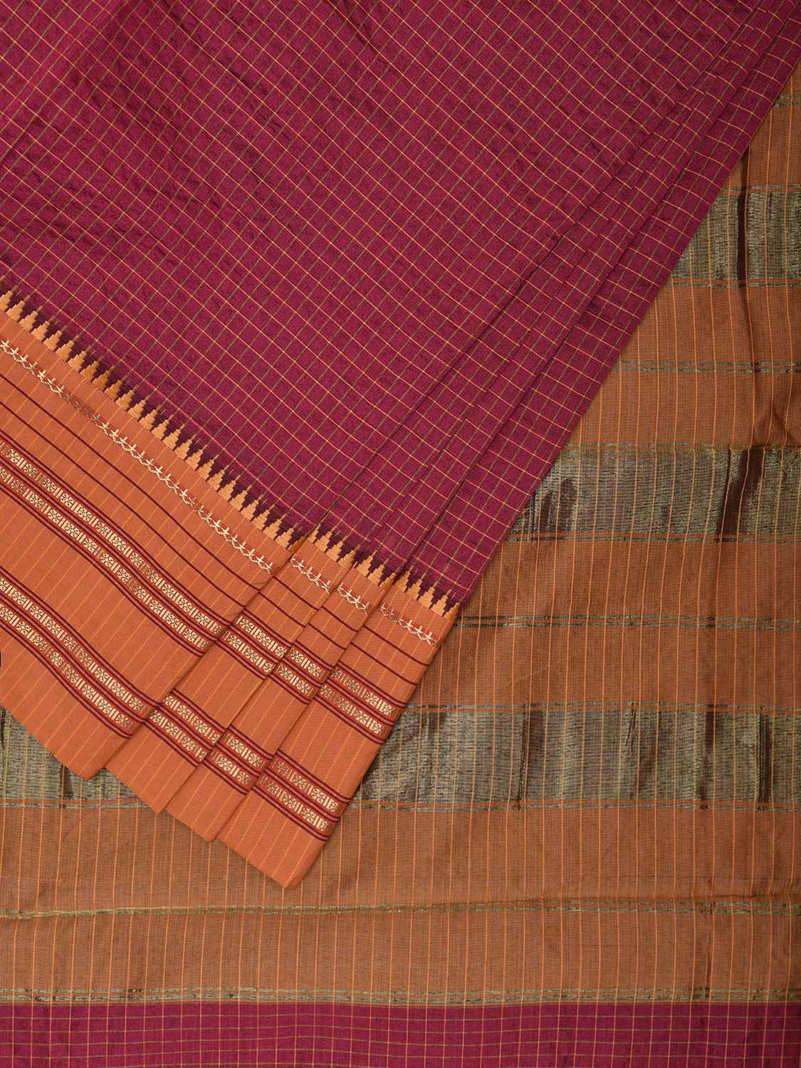 Magenta and Mustard Bamboo Cotton Viscose Silk Saree with Checks Design No Blouse bc0650