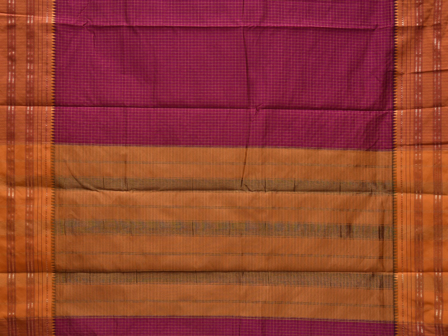 Magenta and Mustard Bamboo Silk Blend Cotton Saree with Checks Design bc0060