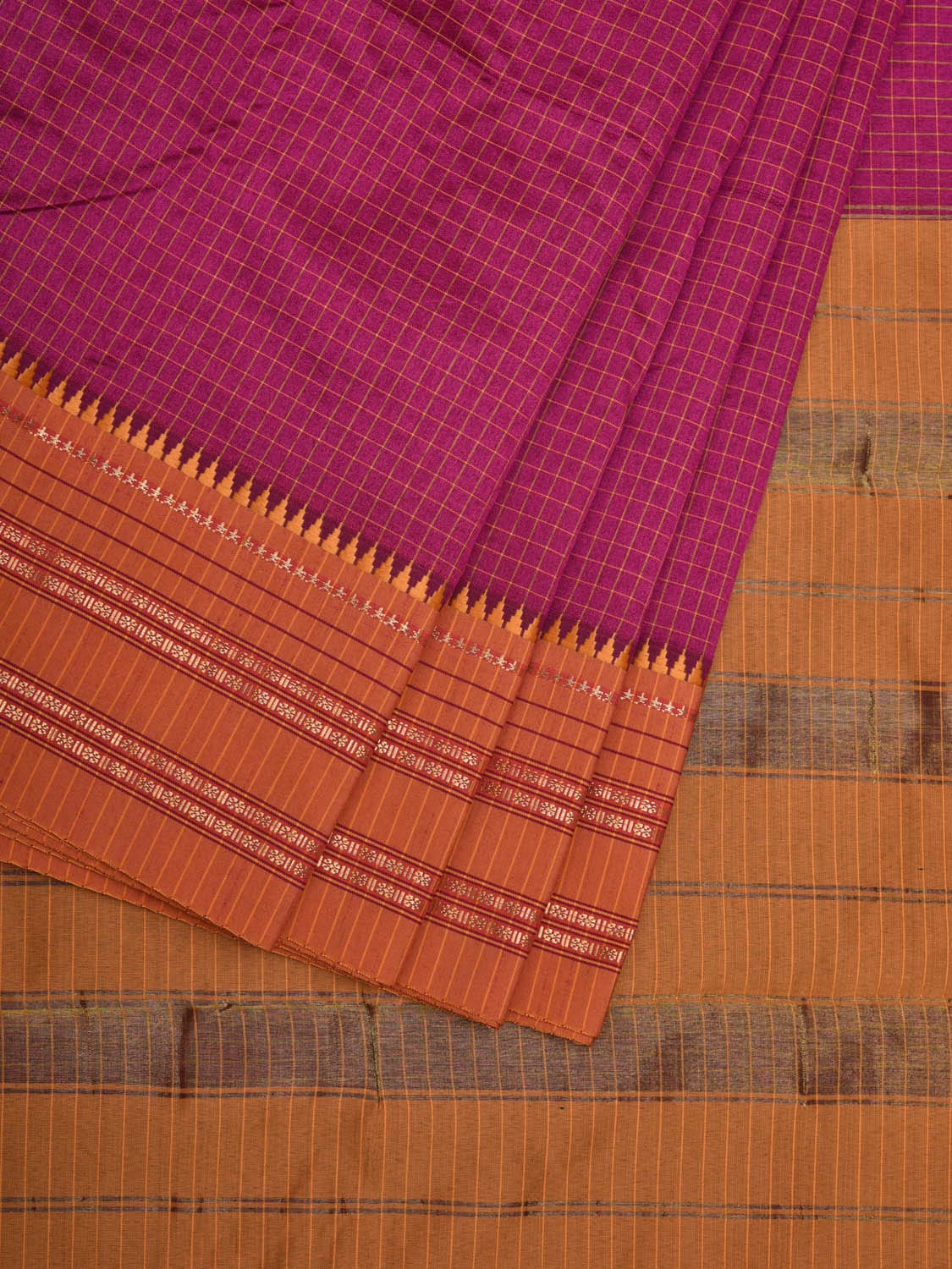 Magenta and Mustard Bamboo Silk Blend Cotton Saree with Checks Design bc0060