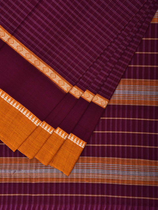 Magenta and Mustard Narayanpet Cotton Handloom Saree with Checks Design and Big Border No Blouse np1019