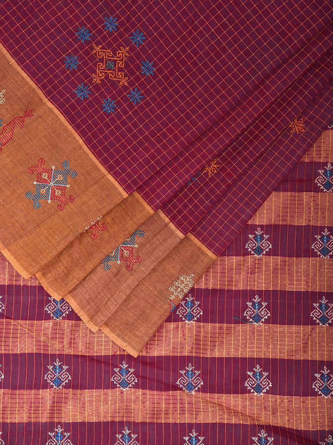 Magenta and Mustard Narayanpet Cotton Handloom Saree with Kasuti Work and Checks Design o0645