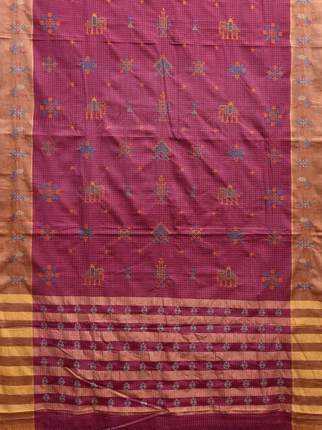 Magenta and Mustard Narayanpet Cotton Handloom Saree with Kasuti Work and Checks Design o0645