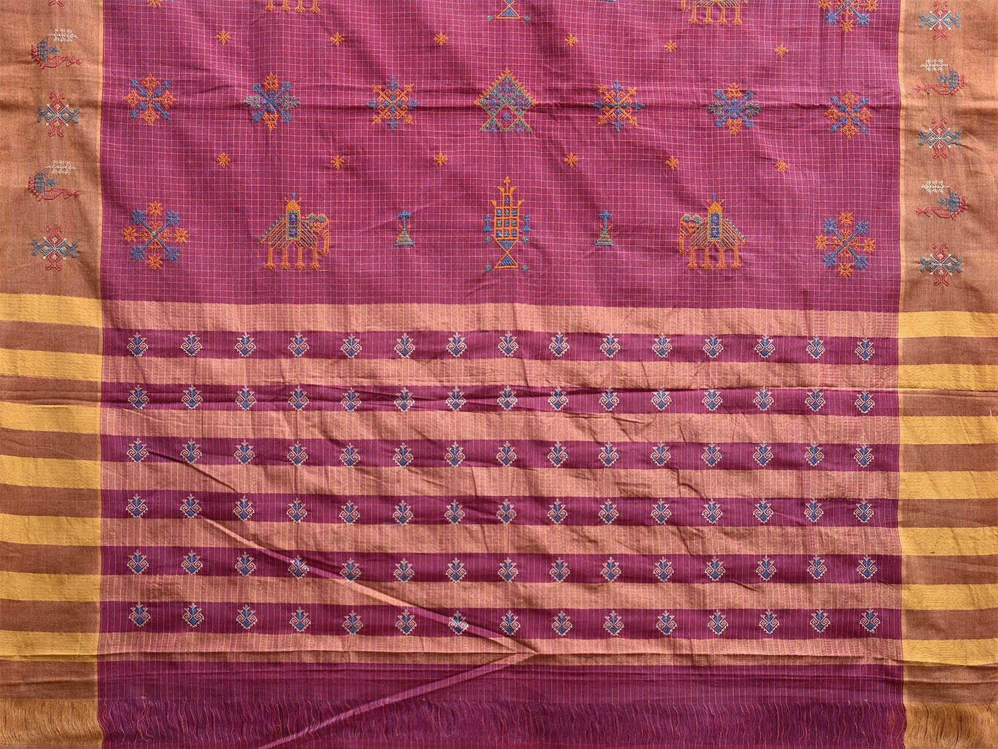 Magenta and Mustard Narayanpet Cotton Handloom Saree with Kasuti Work and Checks Design o0645