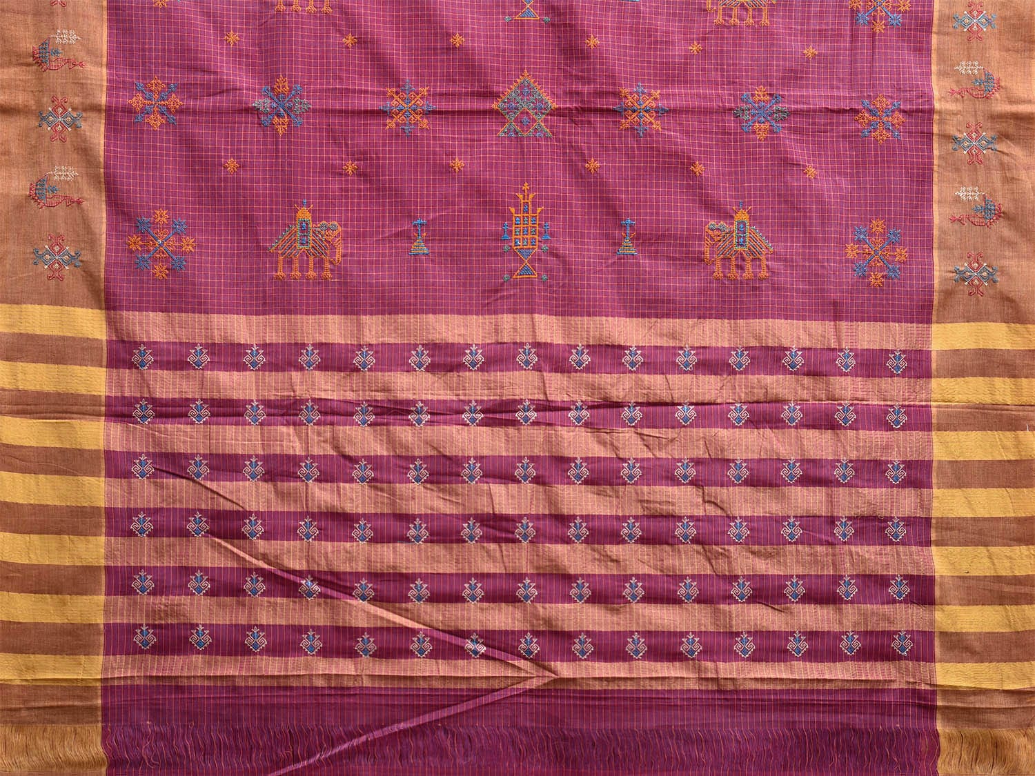 Magenta and Mustard Narayanpet Cotton Handloom Saree with Kasuti Work and Checks Design o0645