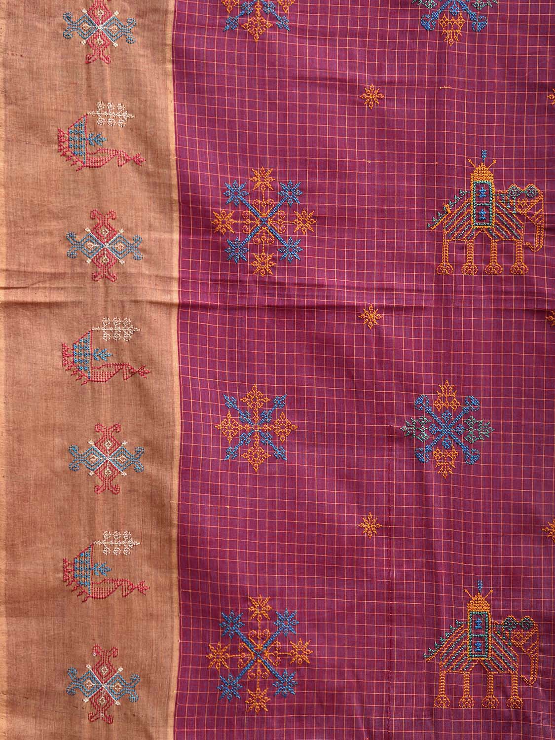 Magenta and Mustard Narayanpet Cotton Handloom Saree with Kasuti Work and Checks Design o0645