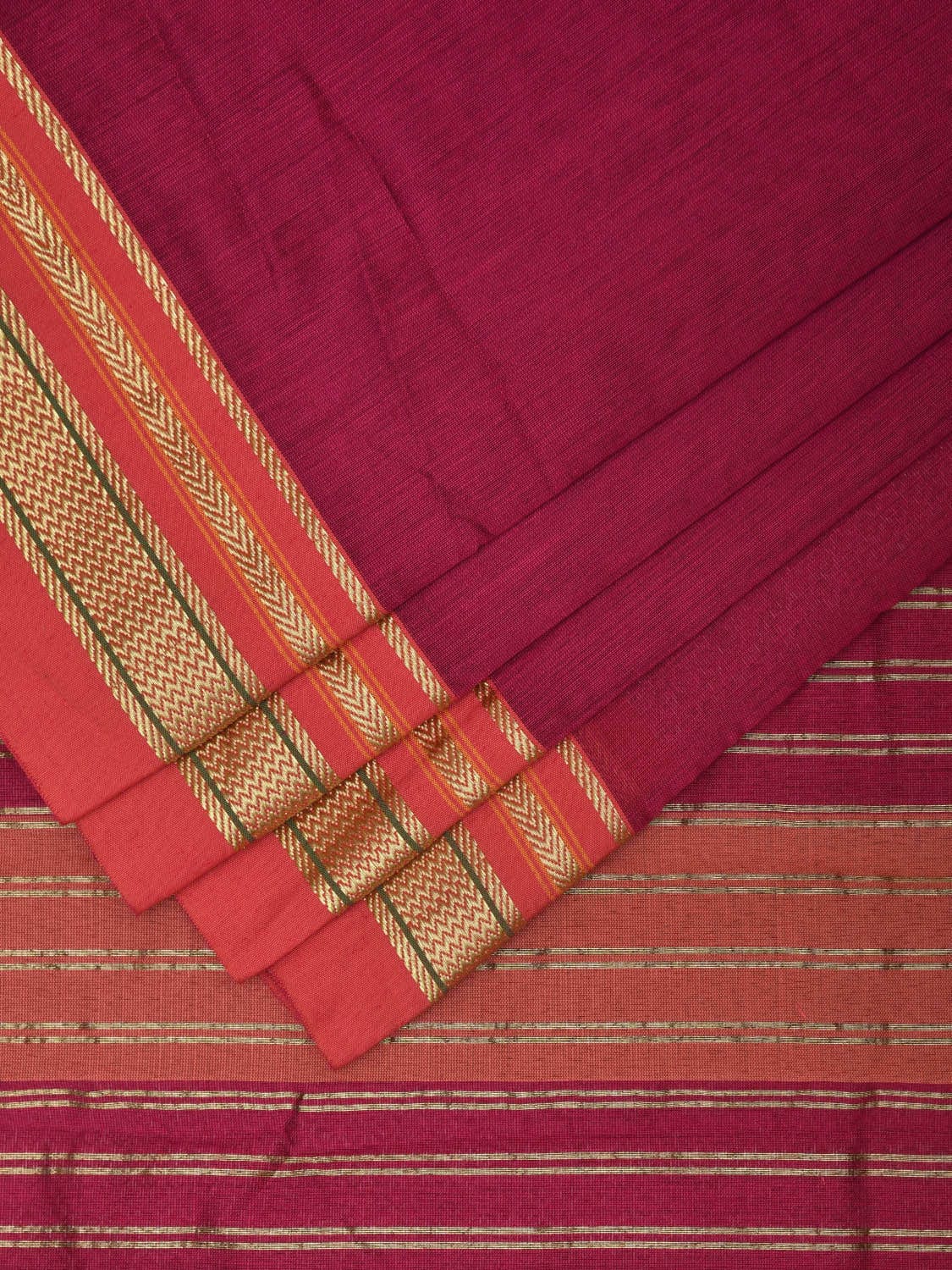 Magenta and Orange Bamboo Cotton Plain Saree with Strips Pallu Design bc0327