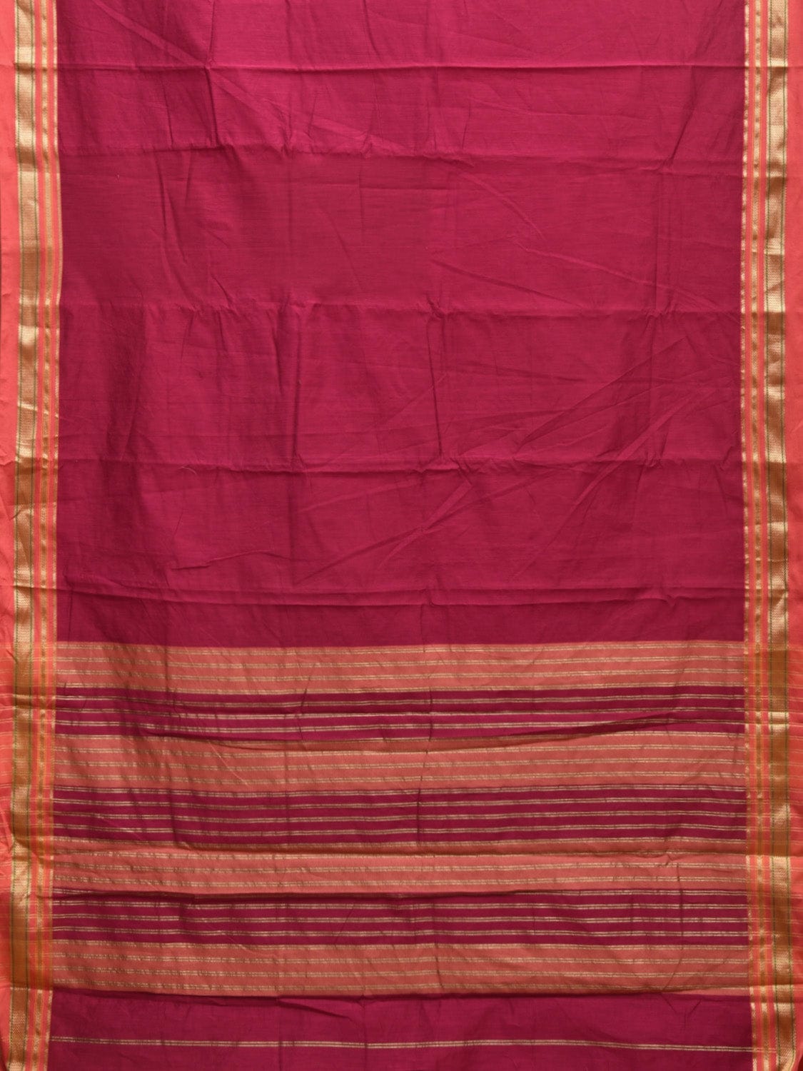 Magenta and Orange Bamboo Cotton Plain Saree with Strips Pallu Design bc0327