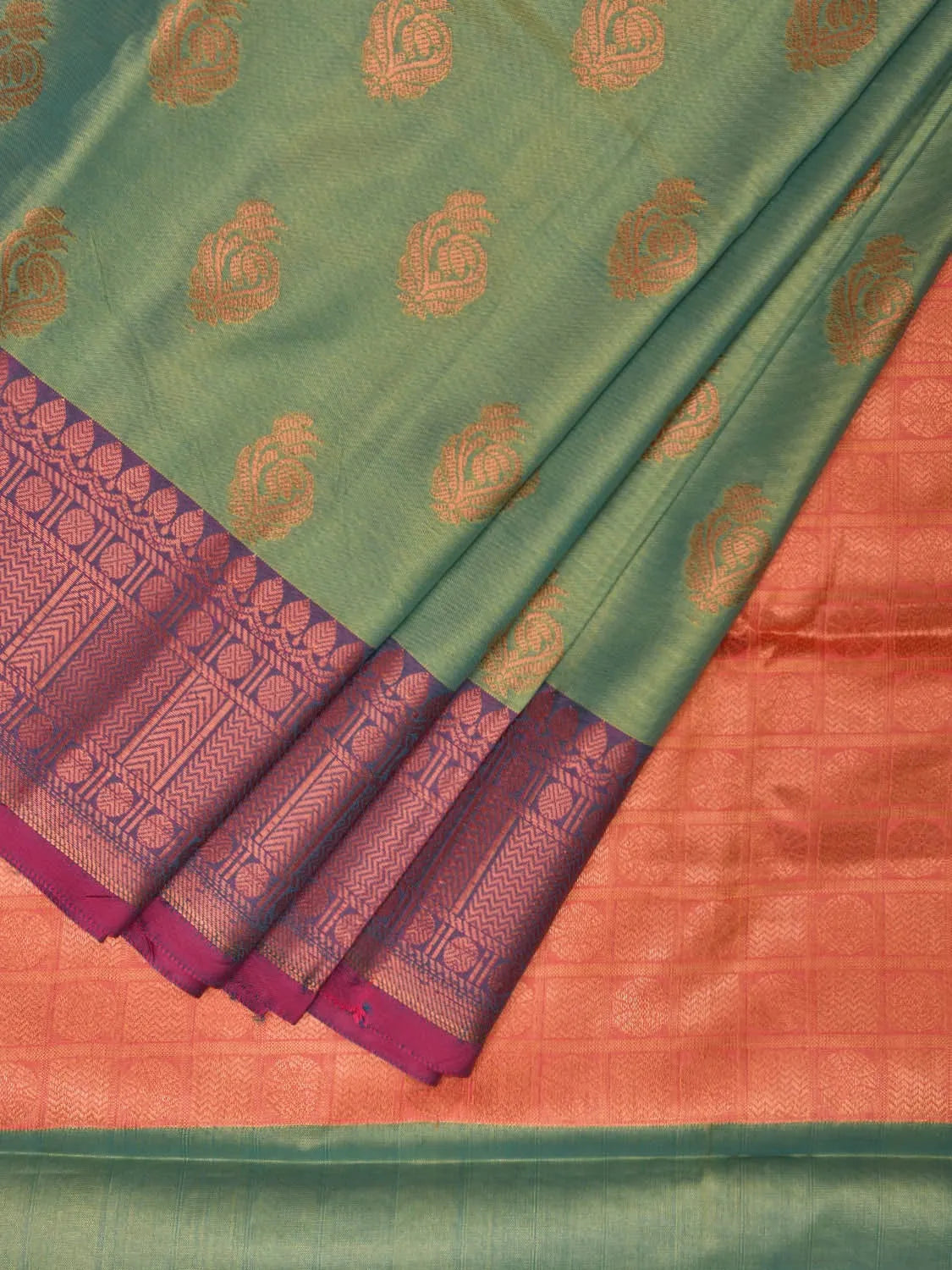 Magenta and Pista Katan Silk Saree with Border and Body Butta Design b0068ds