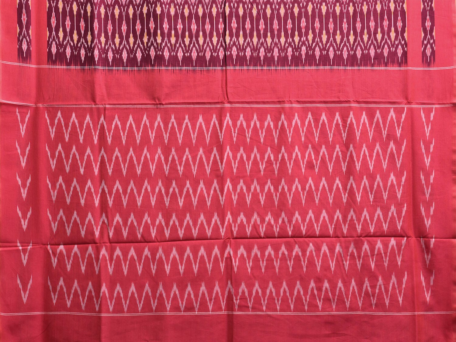 Magenta and Red Pochampally Ikat Cotton Handloom Saree with All Over Grill Body and Zig-Zag Pallu Design No Blouse i0903