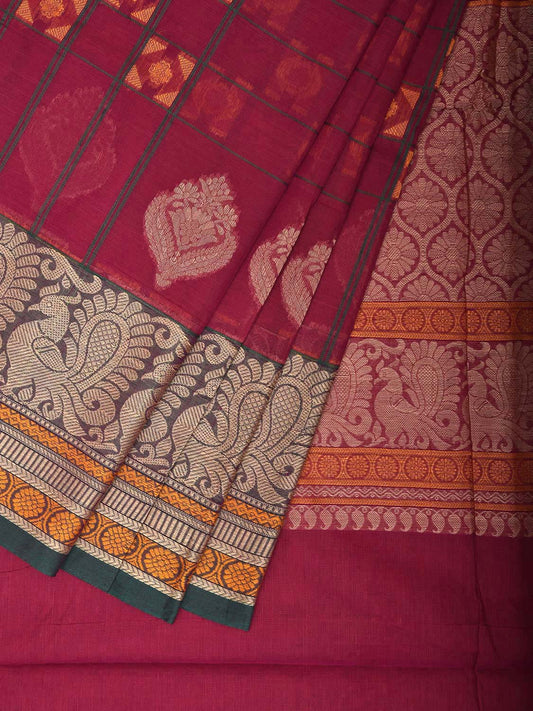 Magenta Kanchipuram Cotton Saree with Checks Buta and Pallu Design k0787