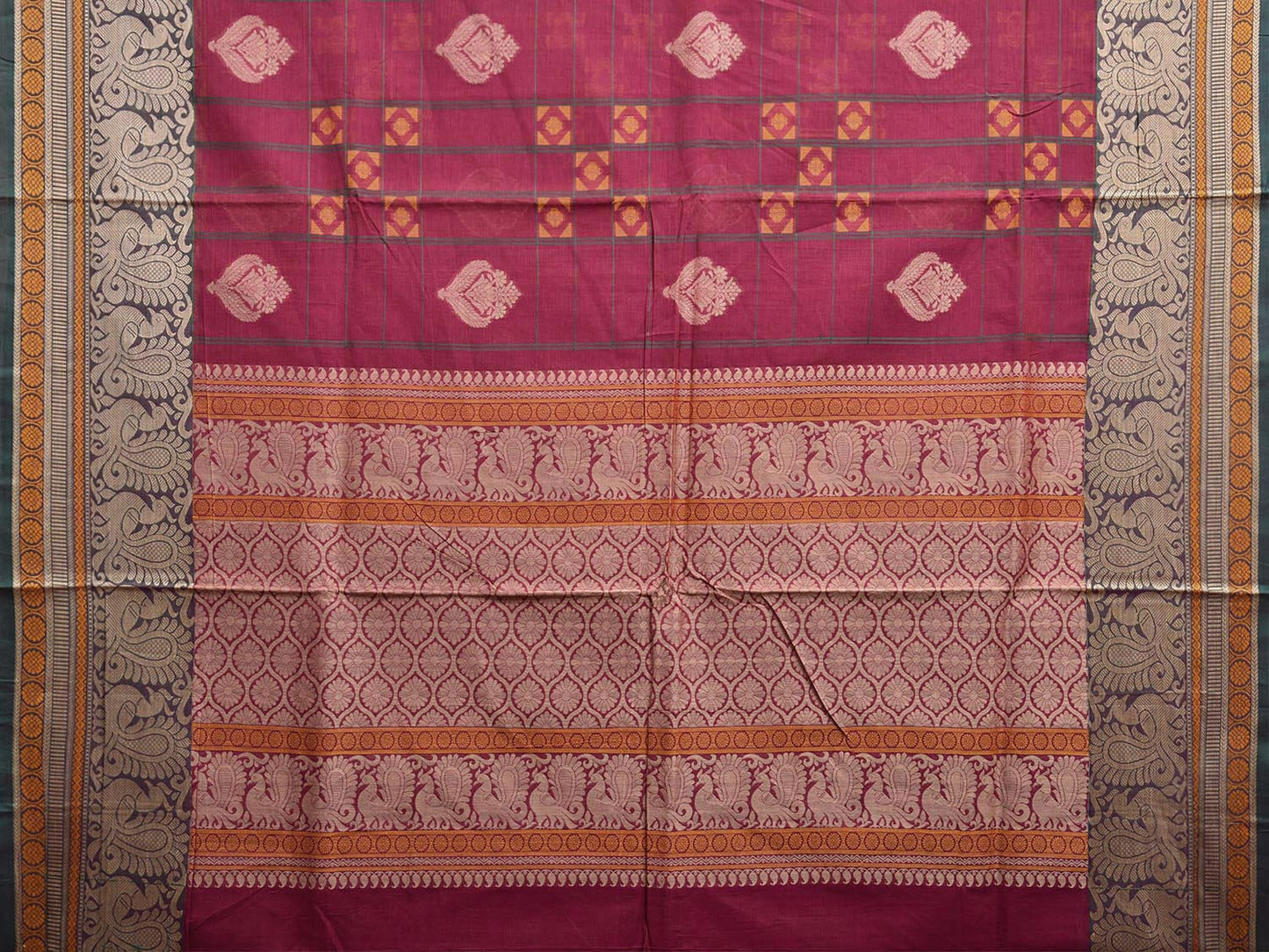Magenta Kanchipuram Cotton Saree with Checks Buta and Pallu Design k0787