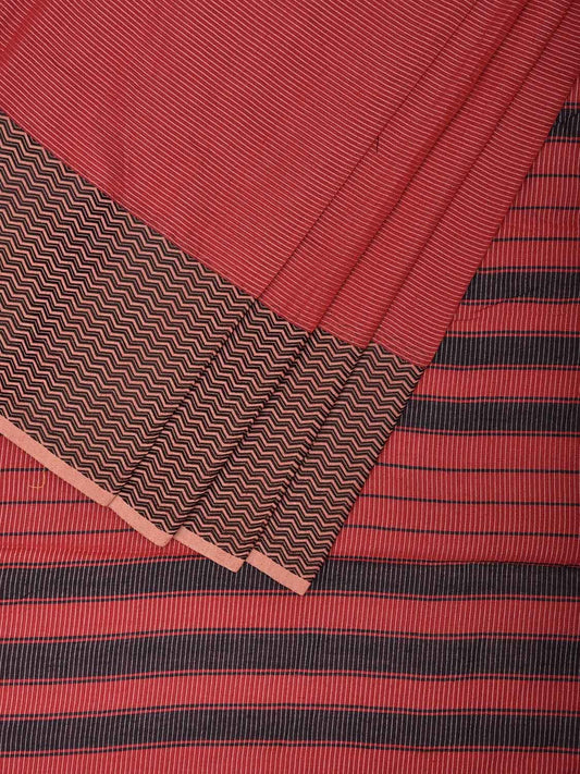 Maroon and Black Bamboo Cotton Saree with Strips and Zig-Zag Border Design No Blouse bc0562