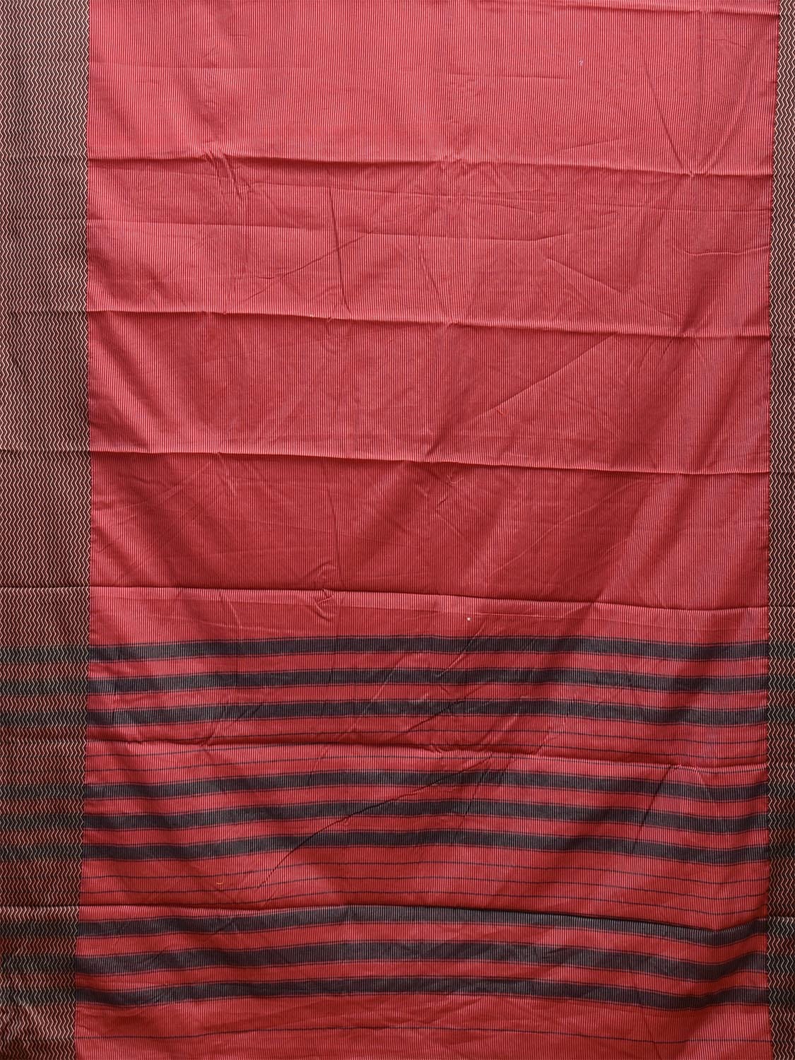 Maroon and Black Bamboo Cotton Saree with Strips and Zig-Zag Border Design No Blouse bc0562