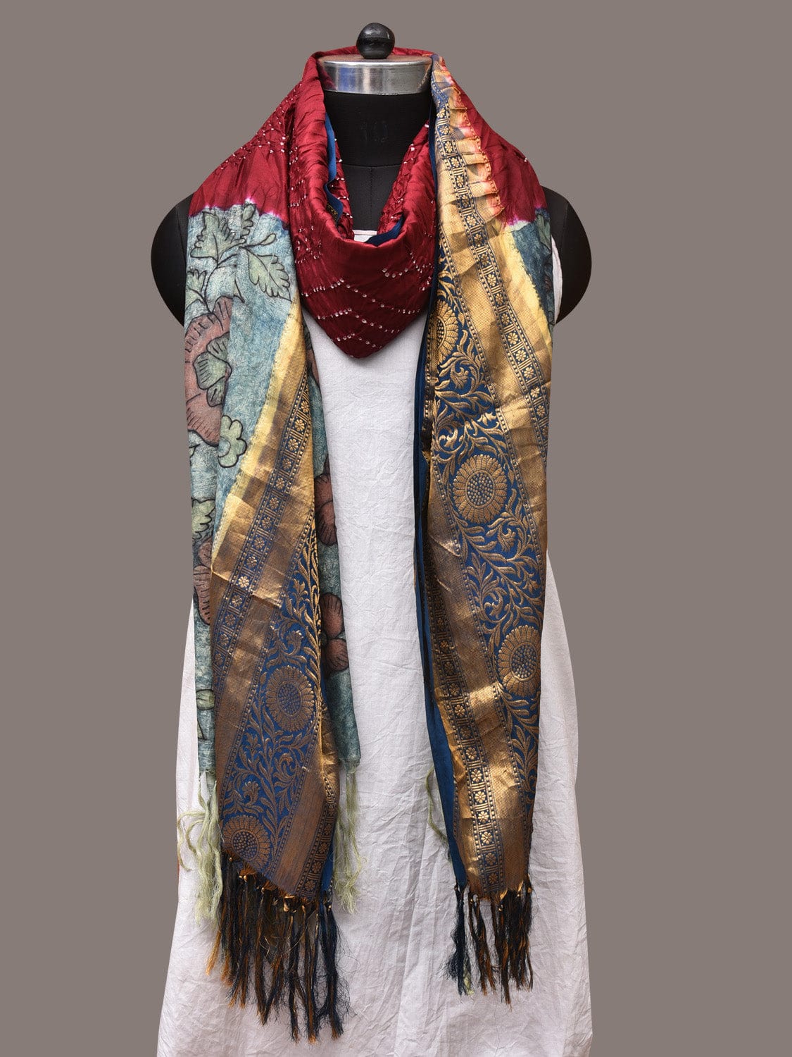 Maroon and Blue Bandhani Kanchipuram Silk Handloom Dupatta with Kalamkari Design ds3493