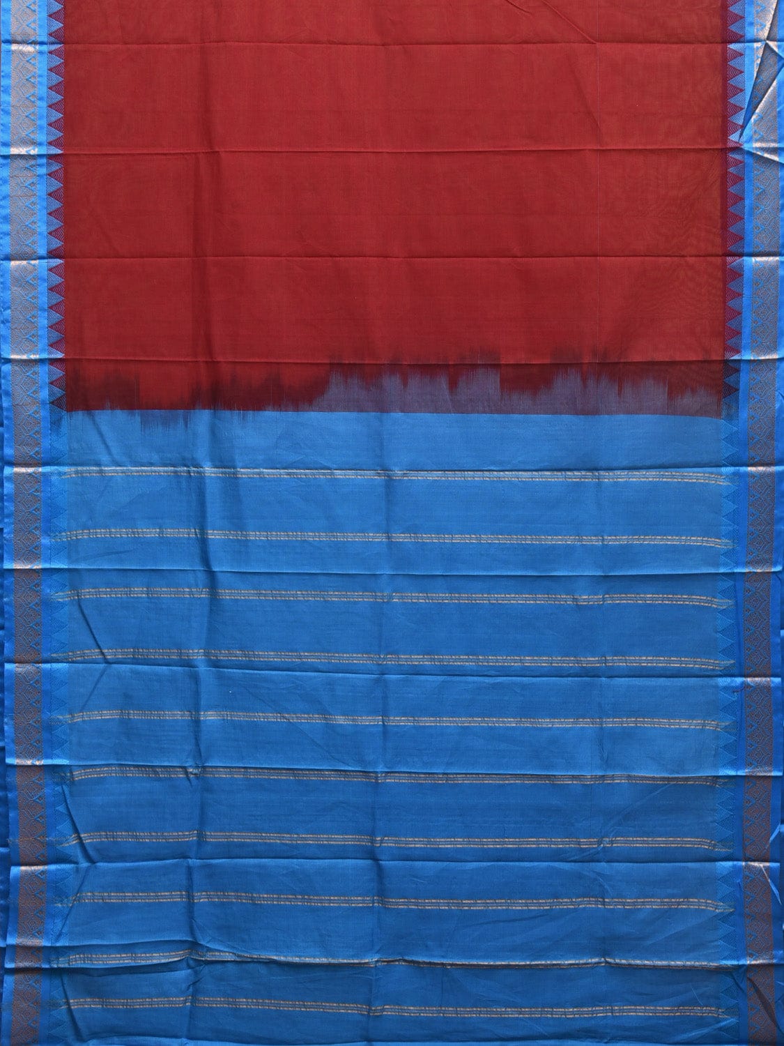 Maroon and Blue Gadwal Cotton Handloom Plain Saree with Strips Pallu Design No Blouse g0374