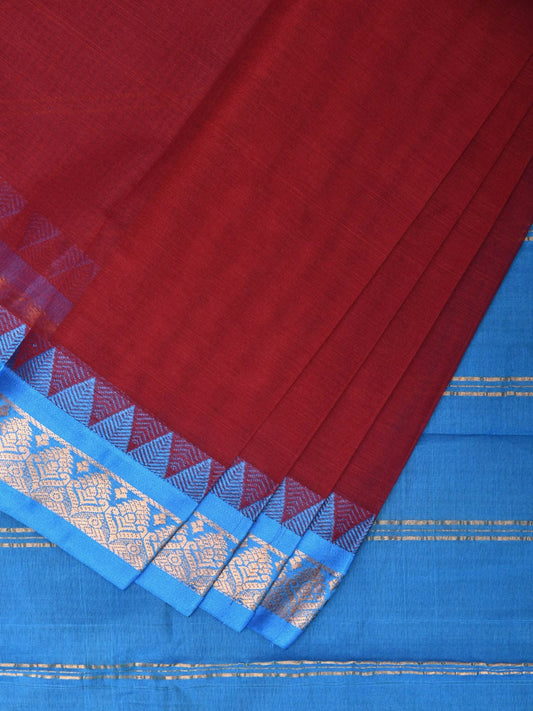 Maroon and Blue Gadwal Cotton Handloom Plain Saree with Strips Pallu Design No Blouse g0374
