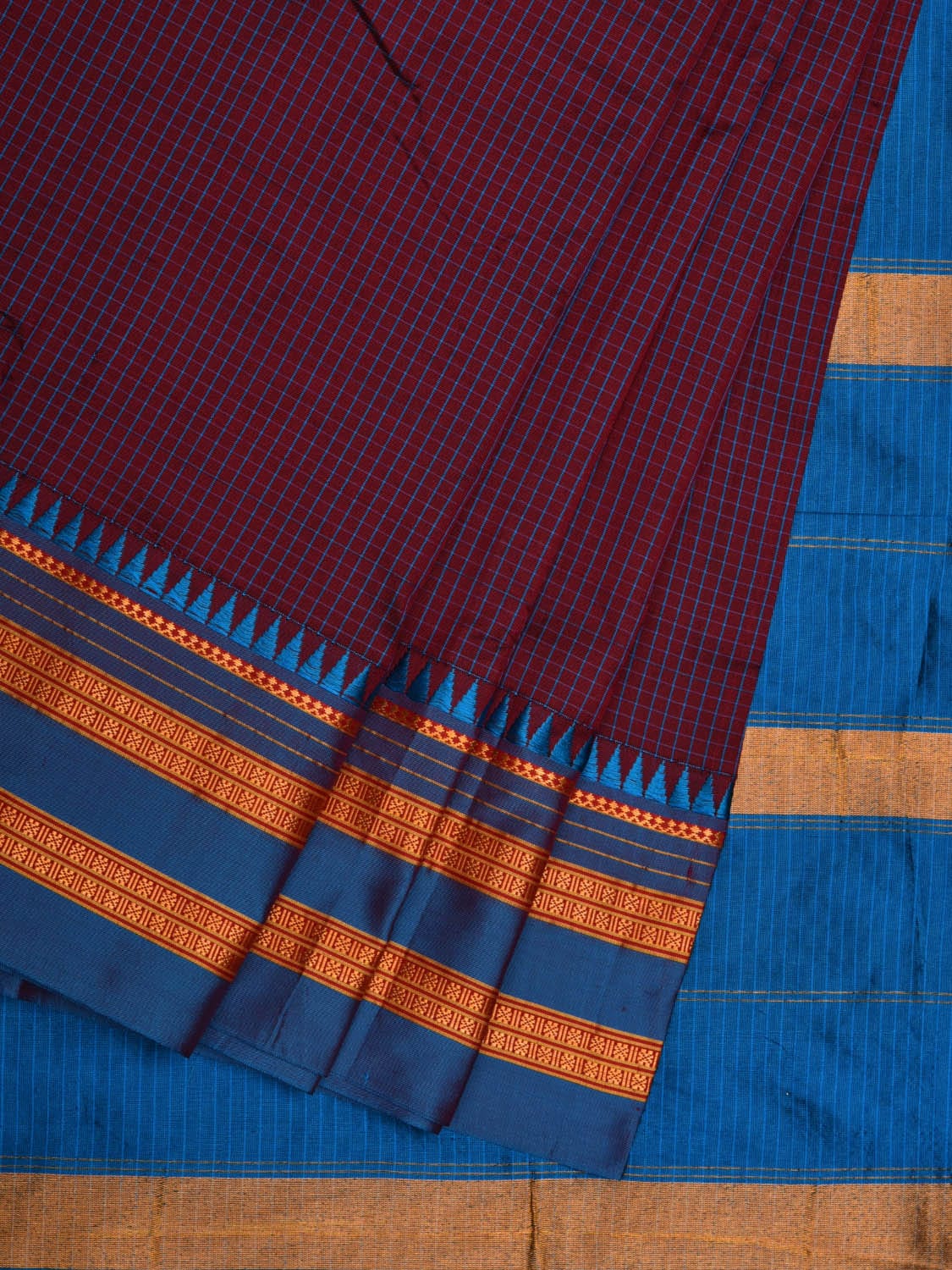 Maroon and Blue Narayanpet Cotton Silk Handloom Saree with Checks Design No Blouse np0594